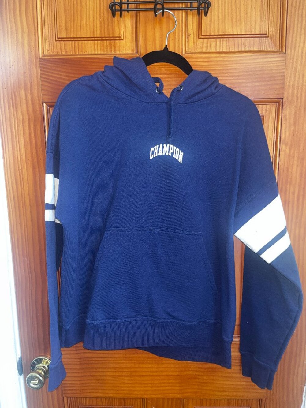 Champion Blue Hoodie with White Stripes